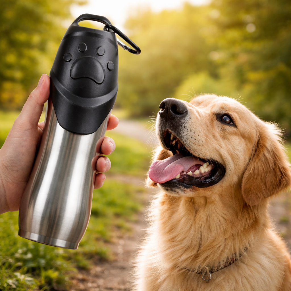 Gourde pour chien en acier inoxydable, idéale pour les voyages, avec gobelet intégré.